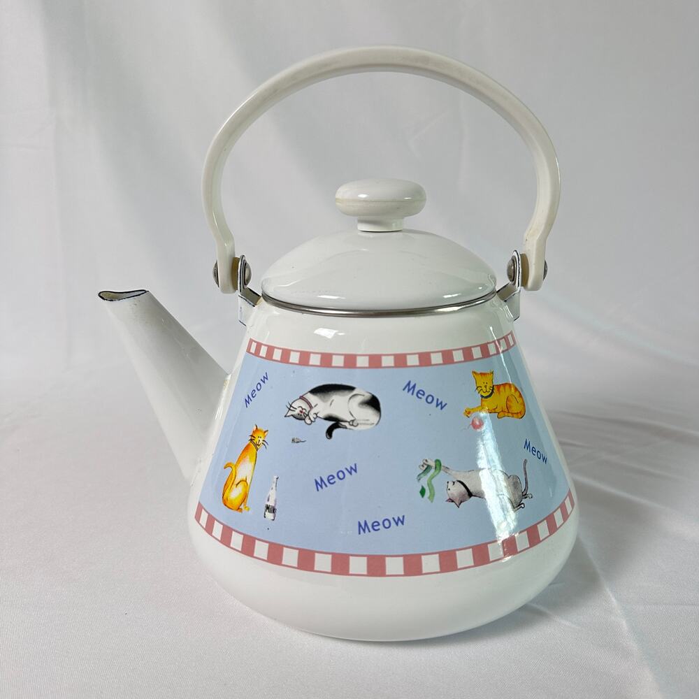 Vintage 80s Kitsch Whimsical Cat Enamel Kettle